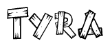The image contains the name Tyra written in a decorative, stylized font with a hand-drawn appearance. The lines are made up of what appears to be planks of wood, which are nailed together