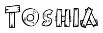 The image contains the name Toshia written in a decorative, stylized font with a hand-drawn appearance. The lines are made up of what appears to be planks of wood, which are nailed together