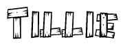 The clipart image shows the name Tillie stylized to look as if it has been constructed out of wooden planks or logs. Each letter is designed to resemble pieces of wood.
