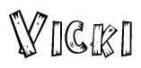 The image contains the name Vicki written in a decorative, stylized font with a hand-drawn appearance. The lines are made up of what appears to be planks of wood, which are nailed together