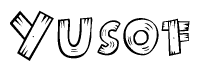 The clipart image shows the name Yusof stylized to look as if it has been constructed out of wooden planks or logs. Each letter is designed to resemble pieces of wood.