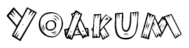 The image contains the name Yoakum written in a decorative, stylized font with a hand-drawn appearance. The lines are made up of what appears to be planks of wood, which are nailed together