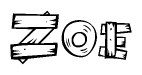The image contains the name Zoe written in a decorative, stylized font with a hand-drawn appearance. The lines are made up of what appears to be planks of wood, which are nailed together