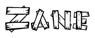 The clipart image shows the name Zane stylized to look as if it has been constructed out of wooden planks or logs. Each letter is designed to resemble pieces of wood.
