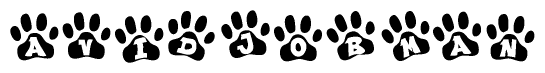 The image shows a series of animal paw prints arranged horizontally. Within each paw print, there's a letter; together they spell Avidjobman
