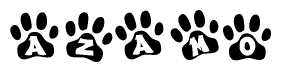 The image shows a series of animal paw prints arranged in a horizontal line. Each paw print contains a letter, and together they spell out the word Azamo.