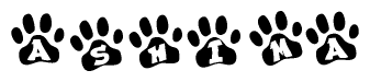 The image shows a series of animal paw prints arranged horizontally. Within each paw print, there's a letter; together they spell Ashima