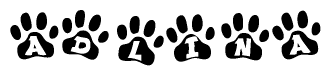 The image shows a series of animal paw prints arranged horizontally. Within each paw print, there's a letter; together they spell Adlina