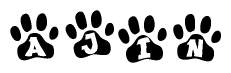 The image shows a row of animal paw prints, each containing a letter. The letters spell out the word Ajin within the paw prints.