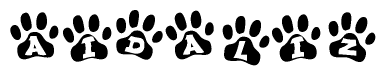 The image shows a series of animal paw prints arranged horizontally. Within each paw print, there's a letter; together they spell Aidaliz