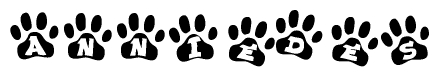 The image shows a series of animal paw prints arranged horizontally. Within each paw print, there's a letter; together they spell Anniedes