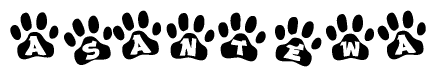 The image shows a row of animal paw prints, each containing a letter. The letters spell out the word Asantewa within the paw prints.