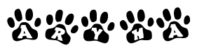 The image shows a series of animal paw prints arranged in a horizontal line. Each paw print contains a letter, and together they spell out the word Aryha.