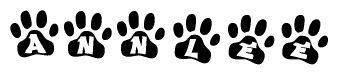 The image shows a series of animal paw prints arranged in a horizontal line. Each paw print contains a letter, and together they spell out the word Annlee.