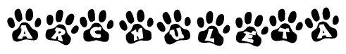 The image shows a series of animal paw prints arranged in a horizontal line. Each paw print contains a letter, and together they spell out the word Archuleta.