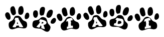 The image shows a series of animal paw prints arranged in a horizontal line. Each paw print contains a letter, and together they spell out the word Ariadi.