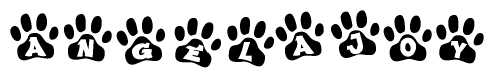 The image shows a row of animal paw prints, each containing a letter. The letters spell out the word Angelajoy within the paw prints.