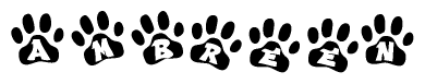The image shows a series of animal paw prints arranged in a horizontal line. Each paw print contains a letter, and together they spell out the word Ambreen.