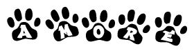 The image shows a series of animal paw prints arranged horizontally. Within each paw print, there's a letter; together they spell Amore