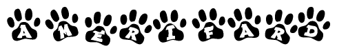 The image shows a row of animal paw prints, each containing a letter. The letters spell out the word Amerifard within the paw prints.