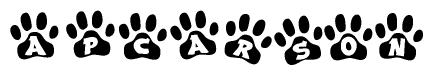 The image shows a series of animal paw prints arranged in a horizontal line. Each paw print contains a letter, and together they spell out the word Apcarson.