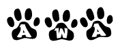 The image shows a series of animal paw prints arranged horizontally. Within each paw print, there's a letter; together they spell Awa