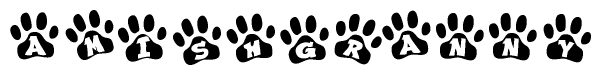 The image shows a series of animal paw prints arranged in a horizontal line. Each paw print contains a letter, and together they spell out the word Amishgranny.