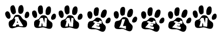 The image shows a series of animal paw prints arranged in a horizontal line. Each paw print contains a letter, and together they spell out the word Anneleen.