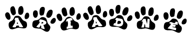 The image shows a series of animal paw prints arranged in a horizontal line. Each paw print contains a letter, and together they spell out the word Ariadne.