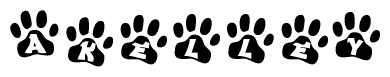 The image shows a series of animal paw prints arranged horizontally. Within each paw print, there's a letter; together they spell Akelley