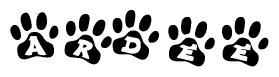 The image shows a series of animal paw prints arranged horizontally. Within each paw print, there's a letter; together they spell Ardee