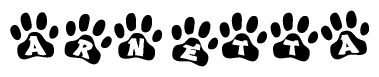 The image shows a row of animal paw prints, each containing a letter. The letters spell out the word Arnetta within the paw prints.