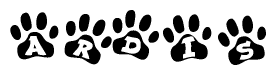 The image shows a series of animal paw prints arranged horizontally. Within each paw print, there's a letter; together they spell Ardis