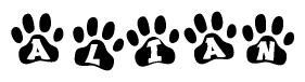 The image shows a row of animal paw prints, each containing a letter. The letters spell out the word Alian within the paw prints.