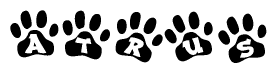 The image shows a row of animal paw prints, each containing a letter. The letters spell out the word Atrus within the paw prints.