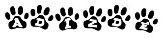 The image shows a series of animal paw prints arranged horizontally. Within each paw print, there's a letter; together they spell Adizde