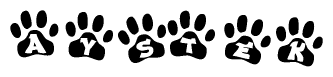 The image shows a series of animal paw prints arranged horizontally. Within each paw print, there's a letter; together they spell Aystek