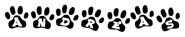 The image shows a series of animal paw prints arranged in a horizontal line. Each paw print contains a letter, and together they spell out the word Andreas.
