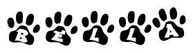 The image shows a series of animal paw prints arranged horizontally. Within each paw print, there's a letter; together they spell Bella