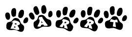 The image shows a series of animal paw prints arranged in a horizontal line. Each paw print contains a letter, and together they spell out the word Barrt.