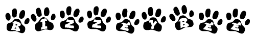 The image shows a series of animal paw prints arranged horizontally. Within each paw print, there's a letter; together they spell Bizzeybee