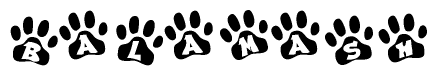 The image shows a series of animal paw prints arranged horizontally. Within each paw print, there's a letter; together they spell Balamash