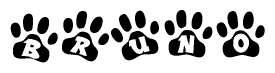 The image shows a series of animal paw prints arranged in a horizontal line. Each paw print contains a letter, and together they spell out the word Bruno.