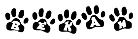 The image shows a row of animal paw prints, each containing a letter. The letters spell out the word Bekah within the paw prints.