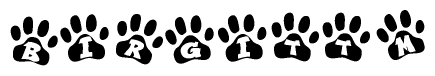 The image shows a series of animal paw prints arranged in a horizontal line. Each paw print contains a letter, and together they spell out the word Birgittm.