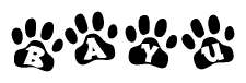 The image shows a series of animal paw prints arranged horizontally. Within each paw print, there's a letter; together they spell Bayu