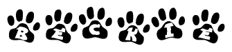 The image shows a series of animal paw prints arranged in a horizontal line. Each paw print contains a letter, and together they spell out the word Beckie.