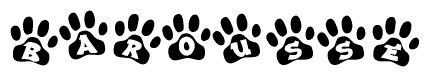 The image shows a series of animal paw prints arranged horizontally. Within each paw print, there's a letter; together they spell Barousse