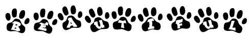 The image shows a series of animal paw prints arranged in a horizontal line. Each paw print contains a letter, and together they spell out the word Beautiful.