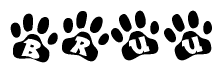 The image shows a series of animal paw prints arranged in a horizontal line. Each paw print contains a letter, and together they spell out the word Bruu.